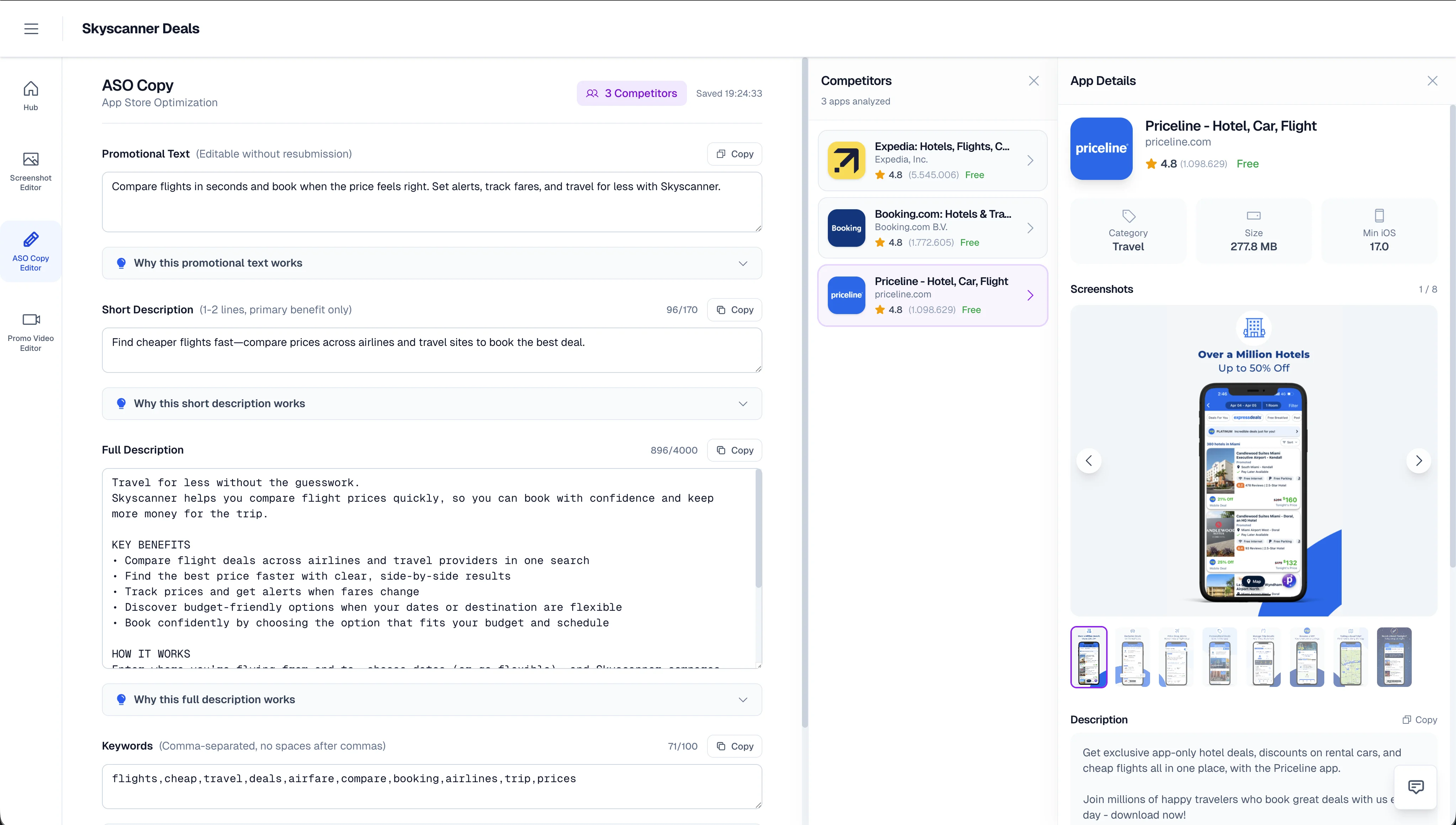 ASO Copy Generator showing competitor selection modal for App Store optimization