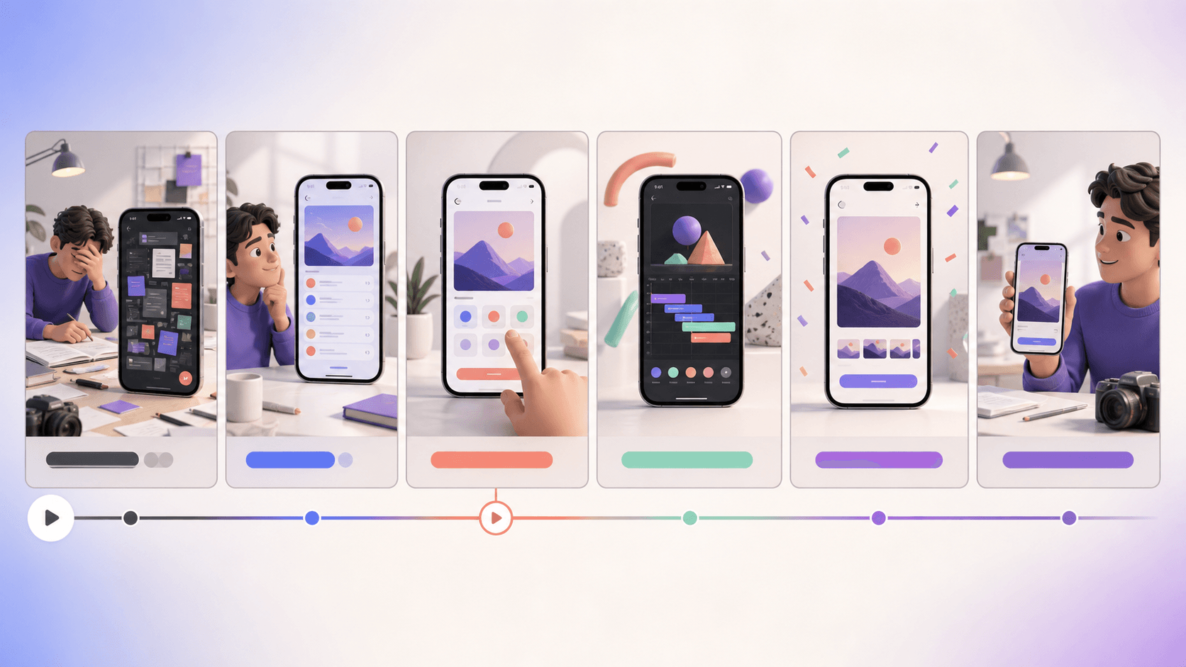 Six-scene app promo video storyboard progressing from hook through product proof to final result