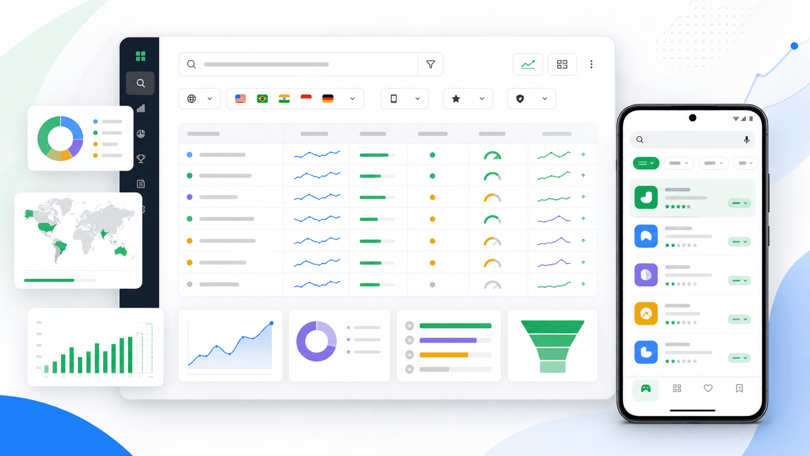 Google Play keyword research workspace with search-term rows, country filters, ranking trends, and an Android store results preview