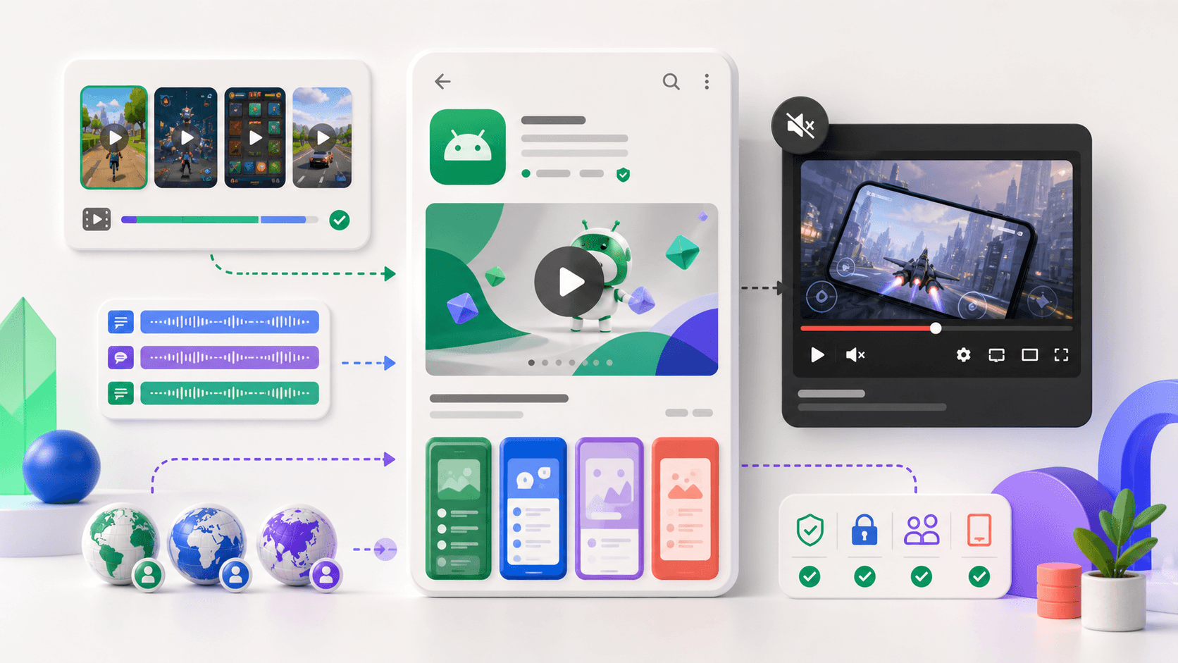 Google Play listing with a YouTube preview video, feature graphic cover, captions, and product footage checklist