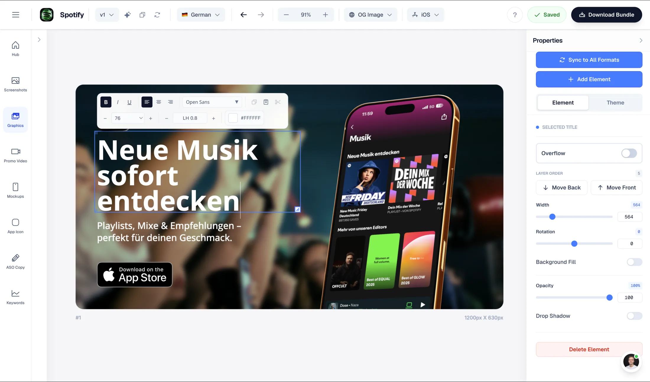 AppLaunchFlow social graphics editor showing launch creative formats and editing controls