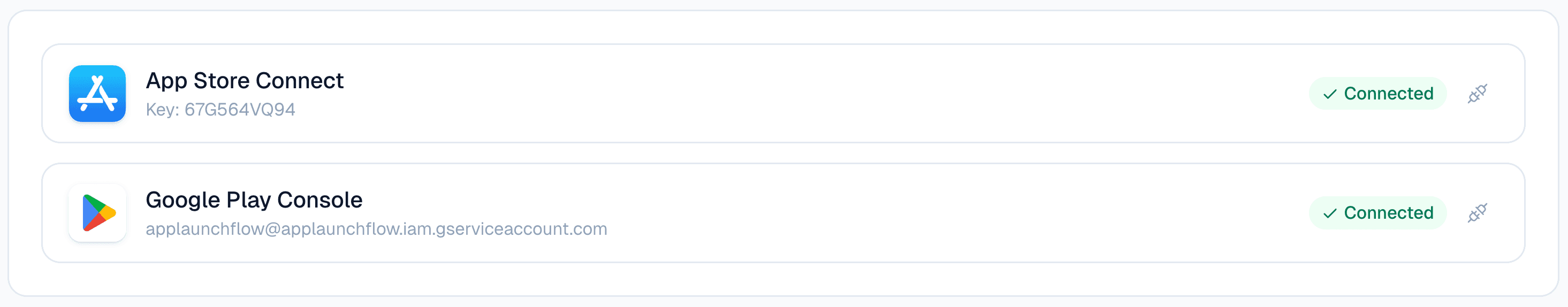 Store Connections dashboard showing App Store Connect and Google Play Console integration