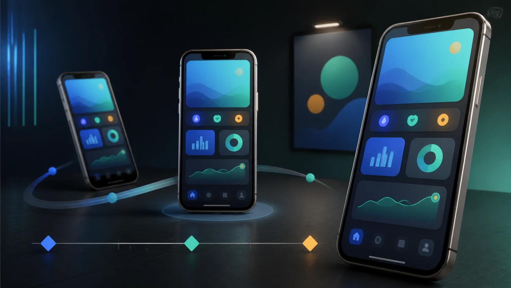 Three dimensional phone mockups moving through a clean motion path while displaying readable mobile app screens