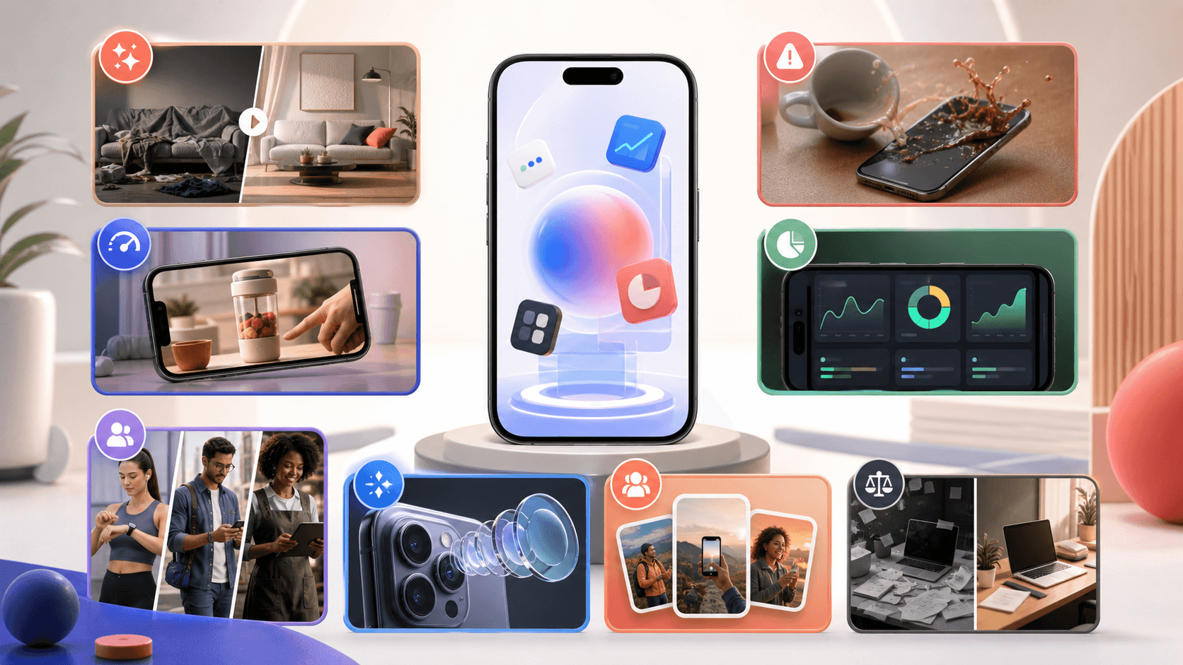 App install advertising concept board with before-and-after, product demo, audience, and proof-led creative examples