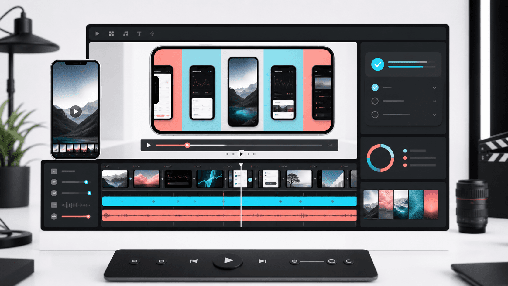 App preview video production dashboard with mobile video timelines and poster frames