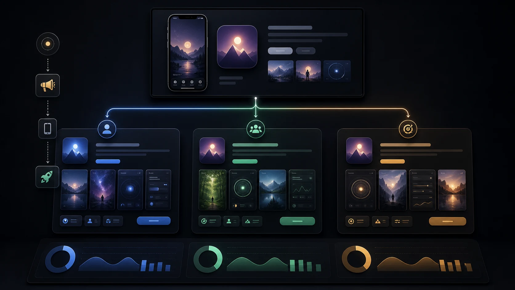 Three App Store custom product page screenshot stories for different audience intents
