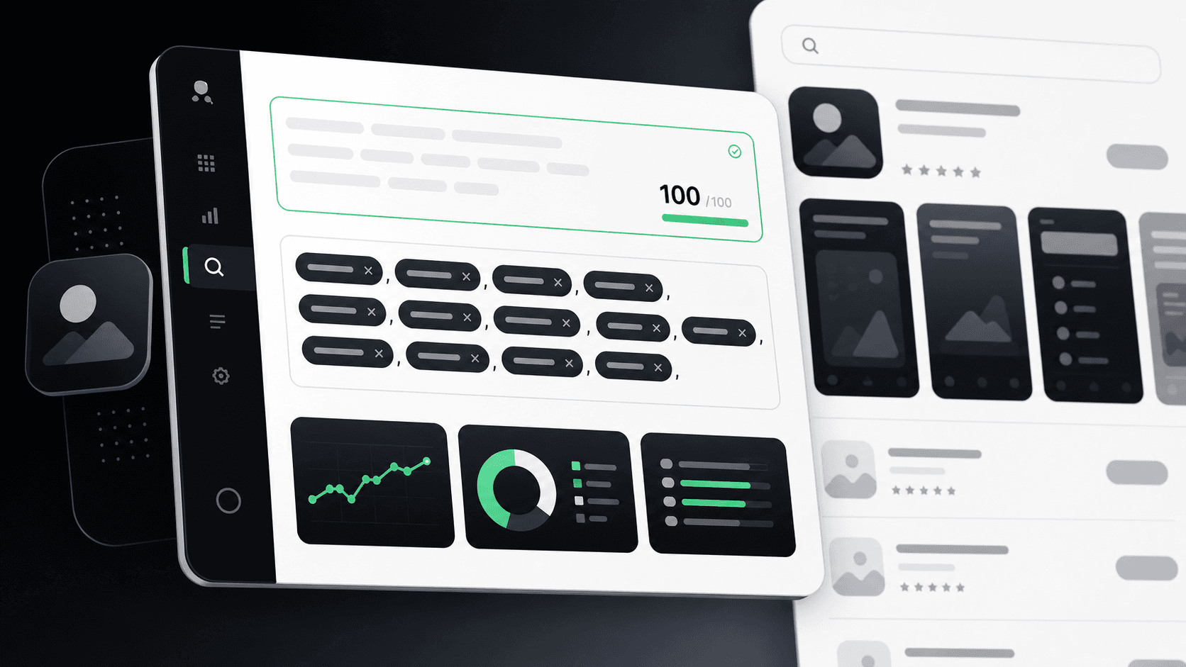 App Store keyword field dashboard with a 100 character counter and keyword chips