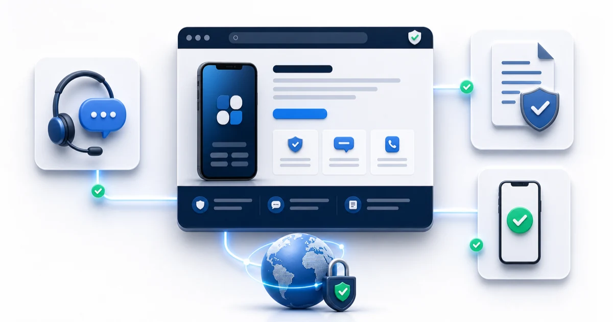 App landing page connected to dedicated Support, Privacy Policy, Terms, contact, App Store, and Google Play destinations