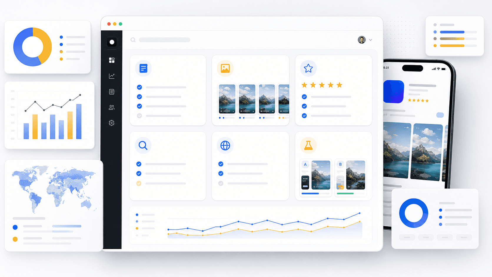 ASO audit dashboard with checklist cards, screenshots, ratings, and localization panels