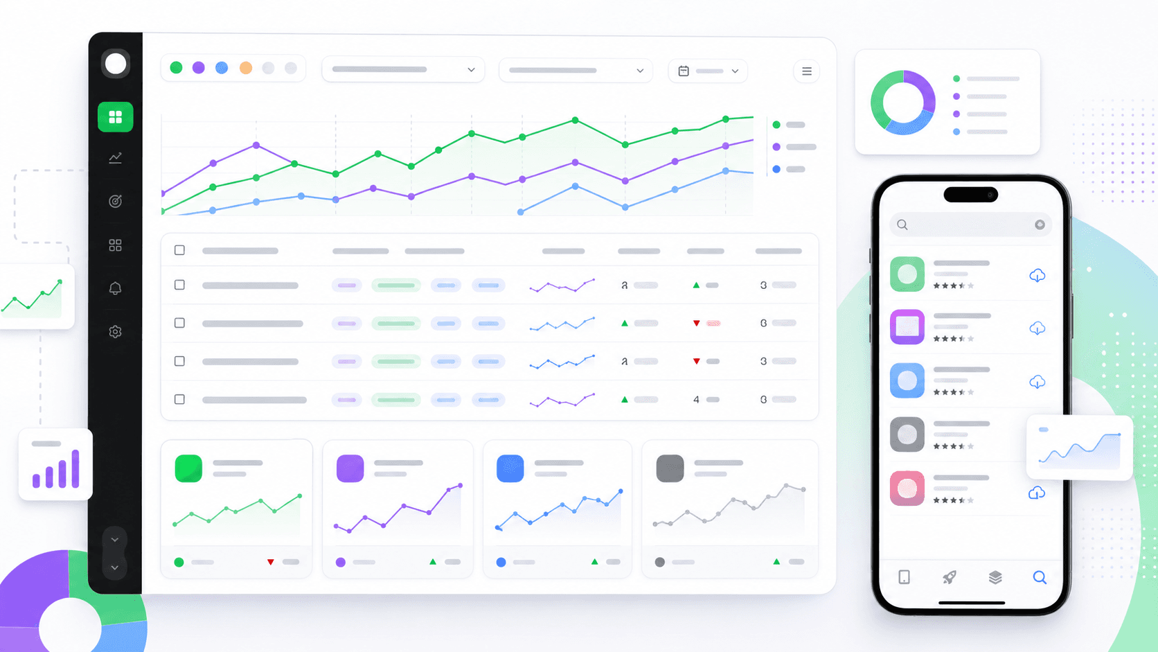 ASO keyword tracking dashboard with ranking charts and country filters