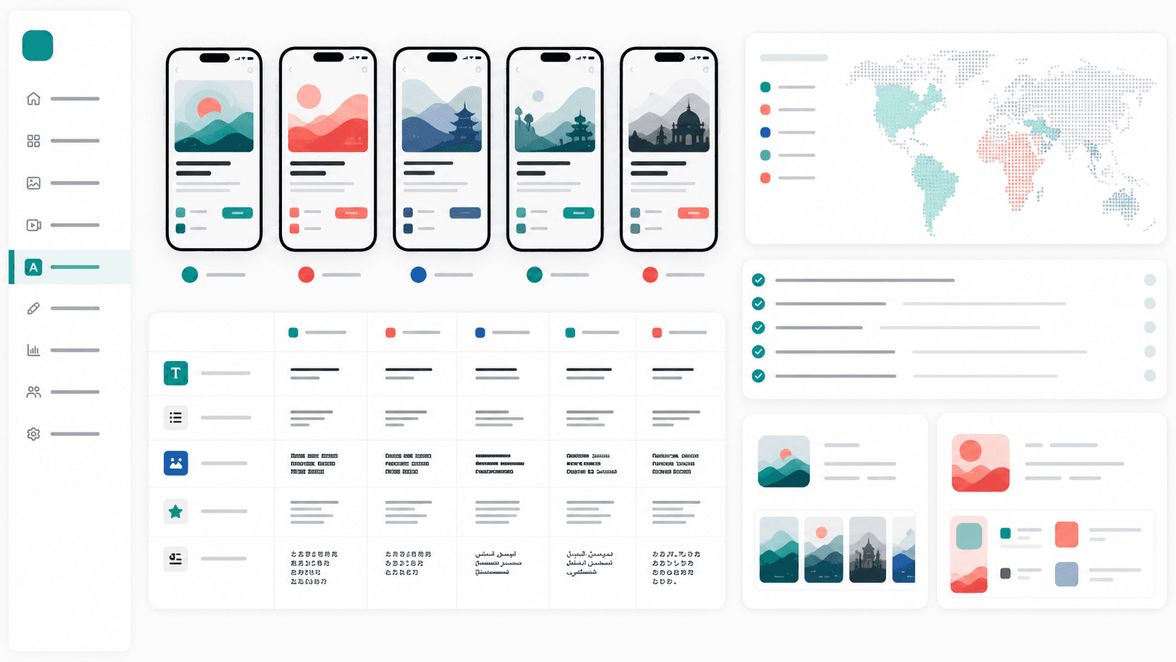 App localization workspace with translated screenshots, metadata tables, and world map panels