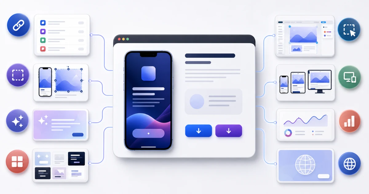 Eight mobile app landing page builder workflows compared across app-specific generation, templates, and visual design canvases