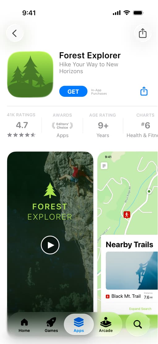 Forest Explorer App Store product page focused on rock climbing