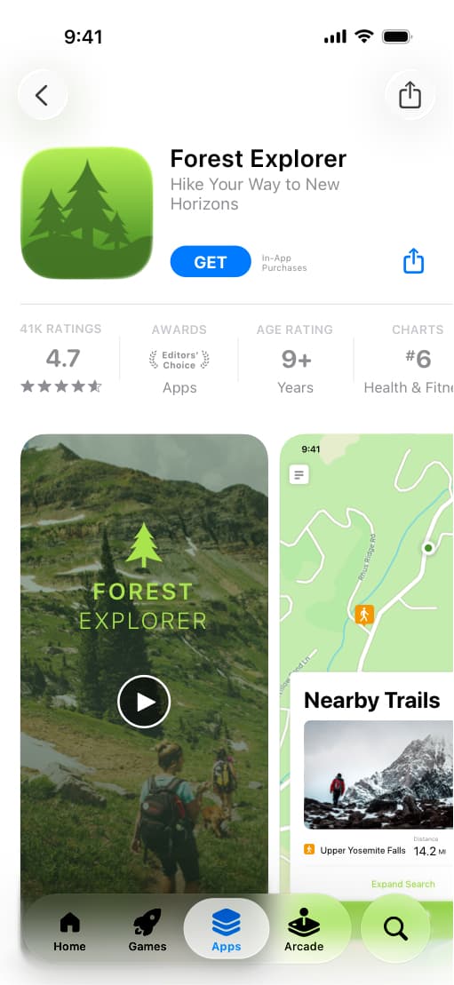 Forest Explorer App Store product page focused on hiking trails