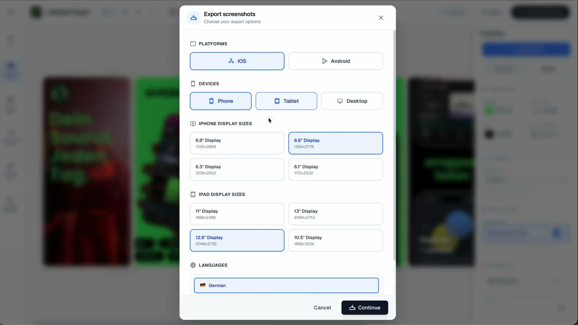 AppLaunchFlow export options for a German localized iOS screenshot set
