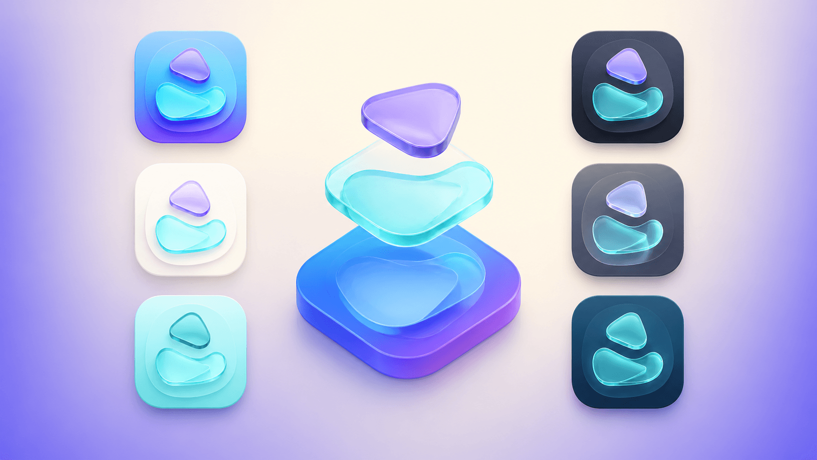 Layered iOS app icon displayed in default, dark, clear, and tinted appearance variants