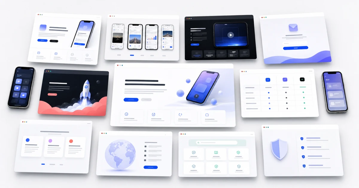 Collection of mobile app landing page patterns showing product-first, screenshot-story, waitlist, campaign, and support layouts