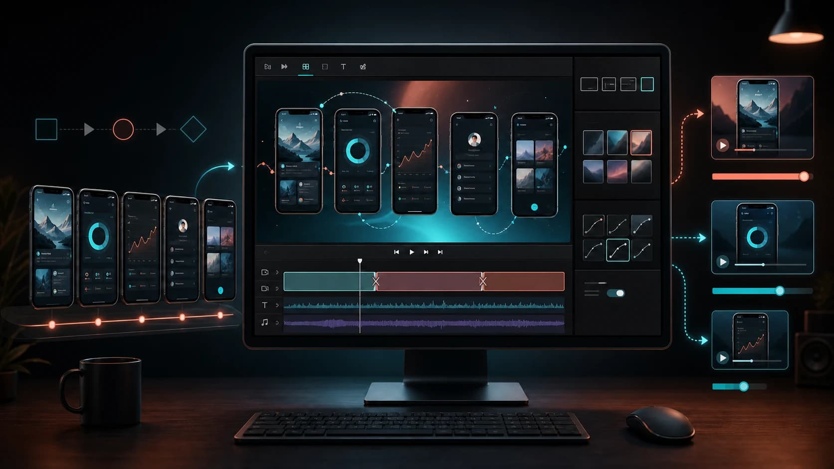 Mobile app promo video storyboard with app screens, captions, and multiple video cuts