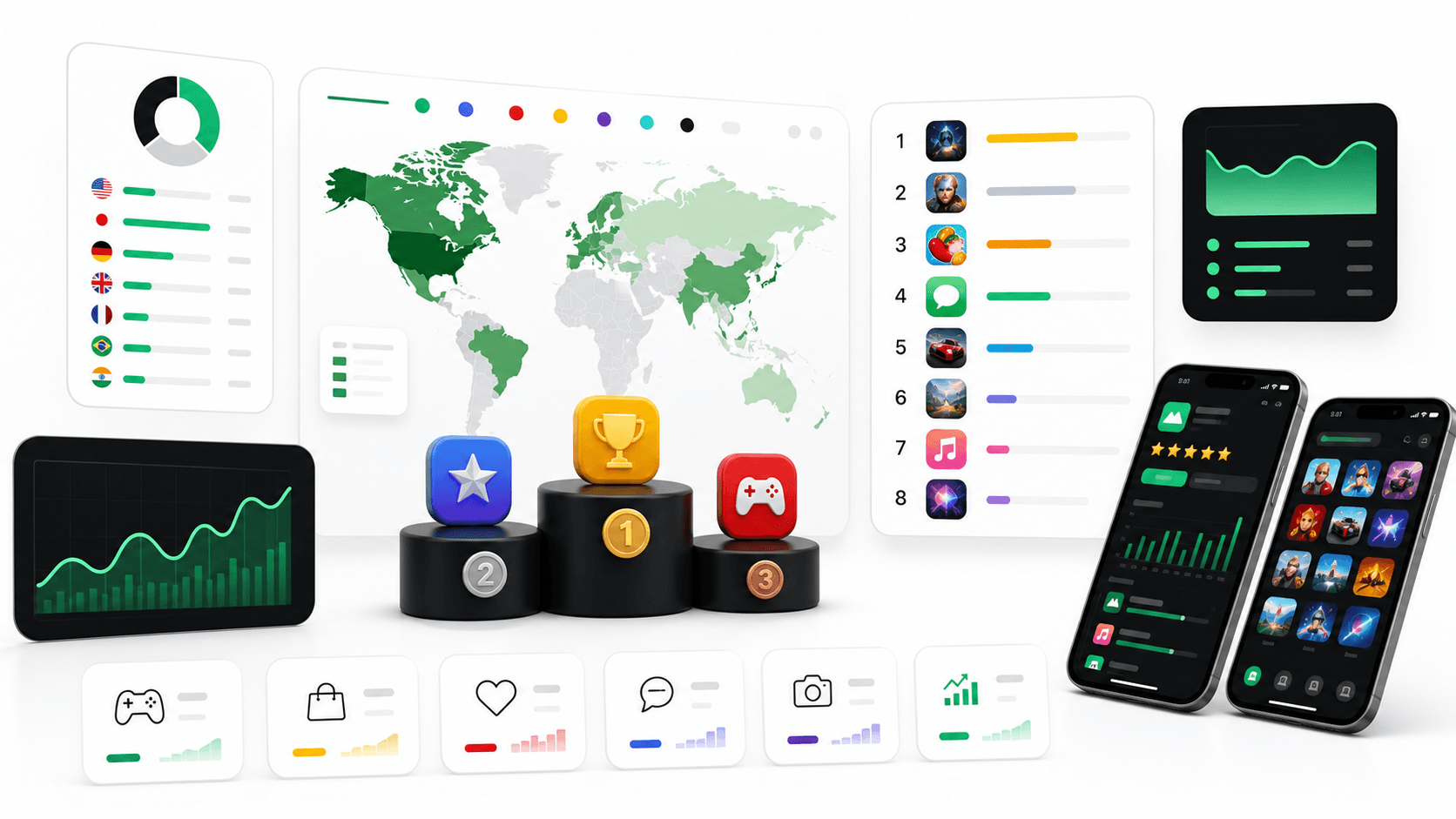 Top grossing apps by country analytics dashboard with world map and ranking cards
