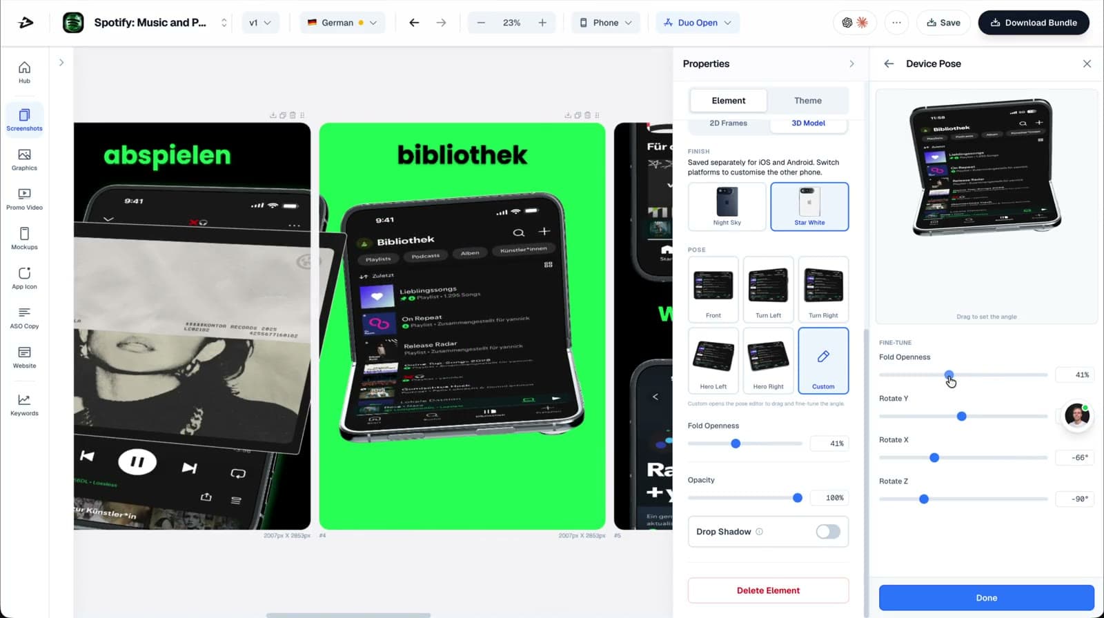 AppLaunchFlow editor showing an open iPhone Duo model and fold controls