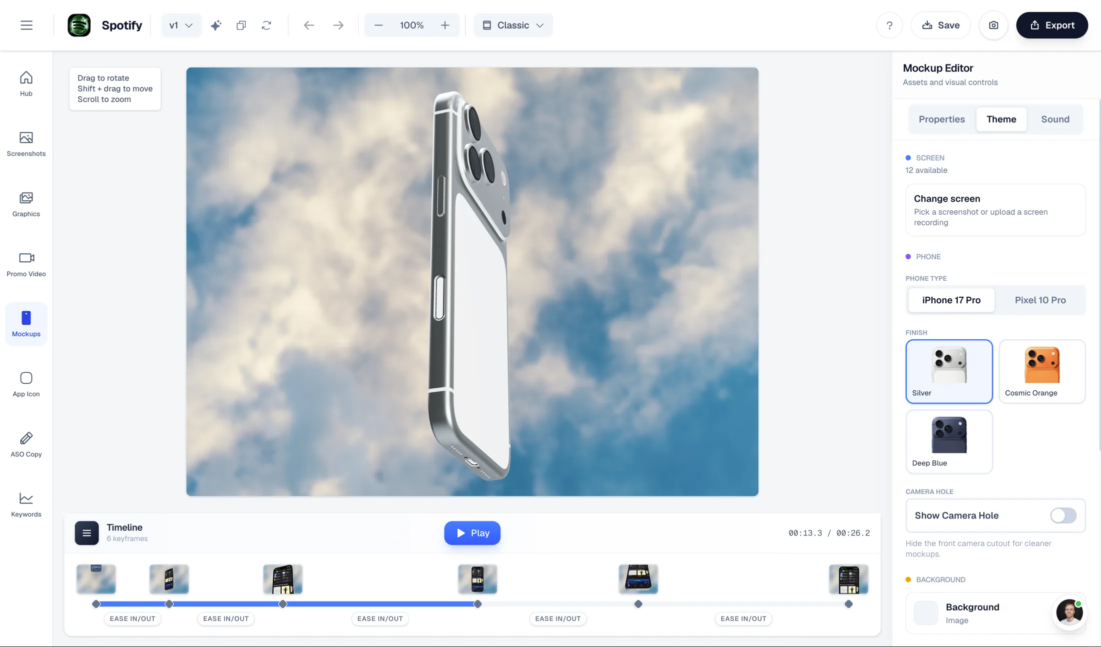 AppLaunchFlow mockup animation editor with device animation controls