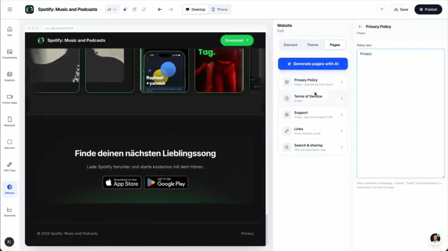 AppLaunchFlow Landing Page editor with Privacy, Terms, Support, and publishing controls