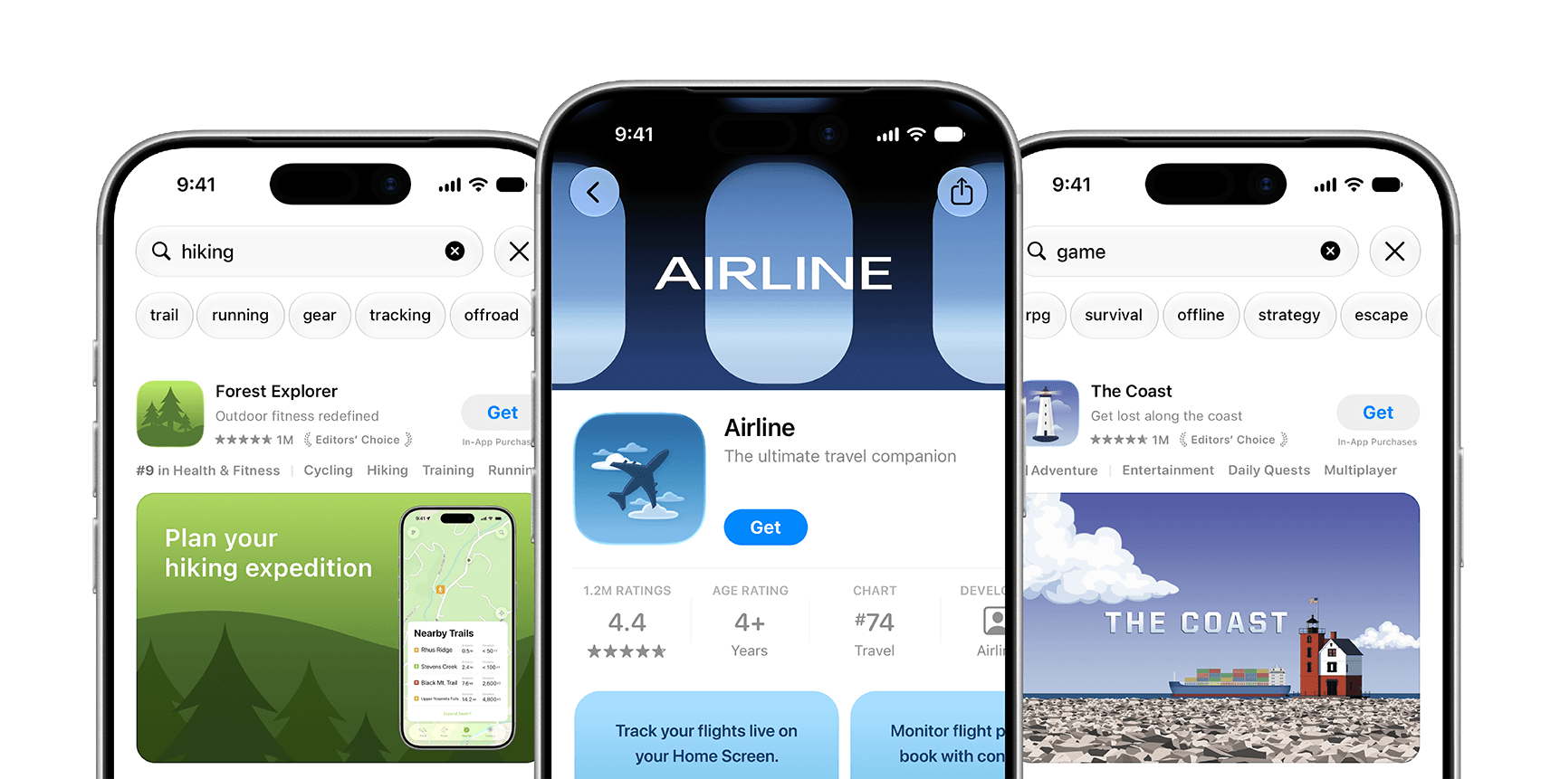 Apple's official illustration of Forest Explorer and The Coast search results beside an Airline product page header