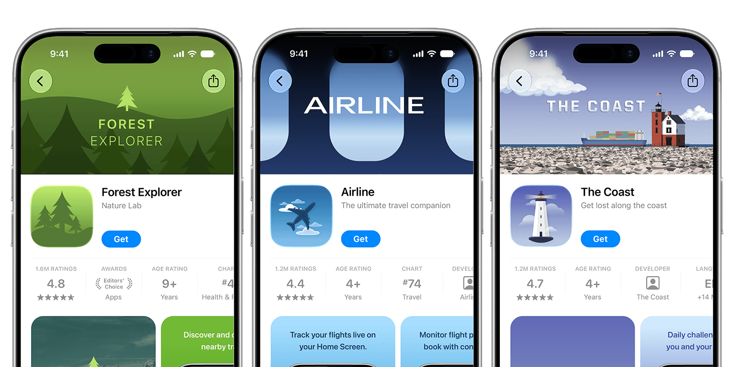 Apple's official product page header examples for Forest Explorer, Airline, and The Coast