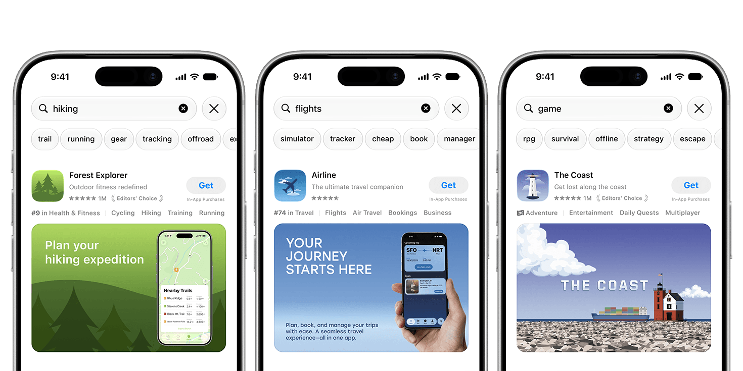 Apple's official search artwork examples for hiking, flights, and game queries: Forest Explorer, Airline, and The Coast